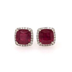 Madagascar Ruby Stud Earrings in Solid 14K White Gold with Natural Diamond Halo